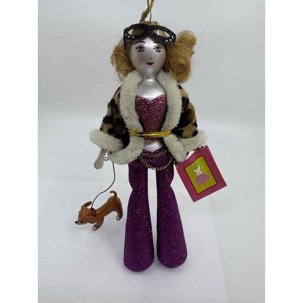 TALL Glass Woman In Pink & Small Dog Christmas ORNAMENT Legally Blonde Style